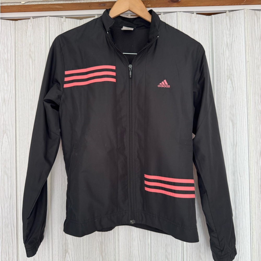 Adidas Men's Black Windbreaker with Pink Stripes